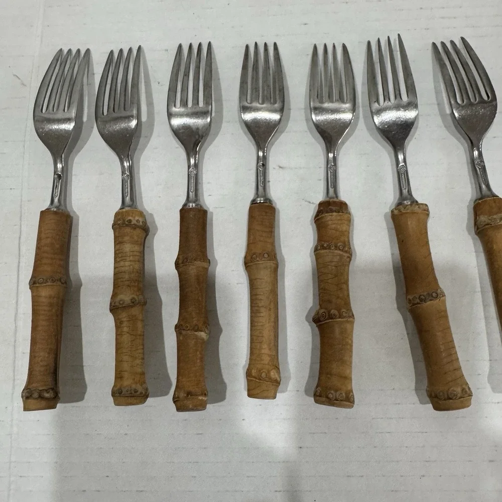 VINTAGE MID-CENTURY AUTHENTIC BAMBOO HANDLE TIKI FLATWARE STAINLESS STEEL JAPAN